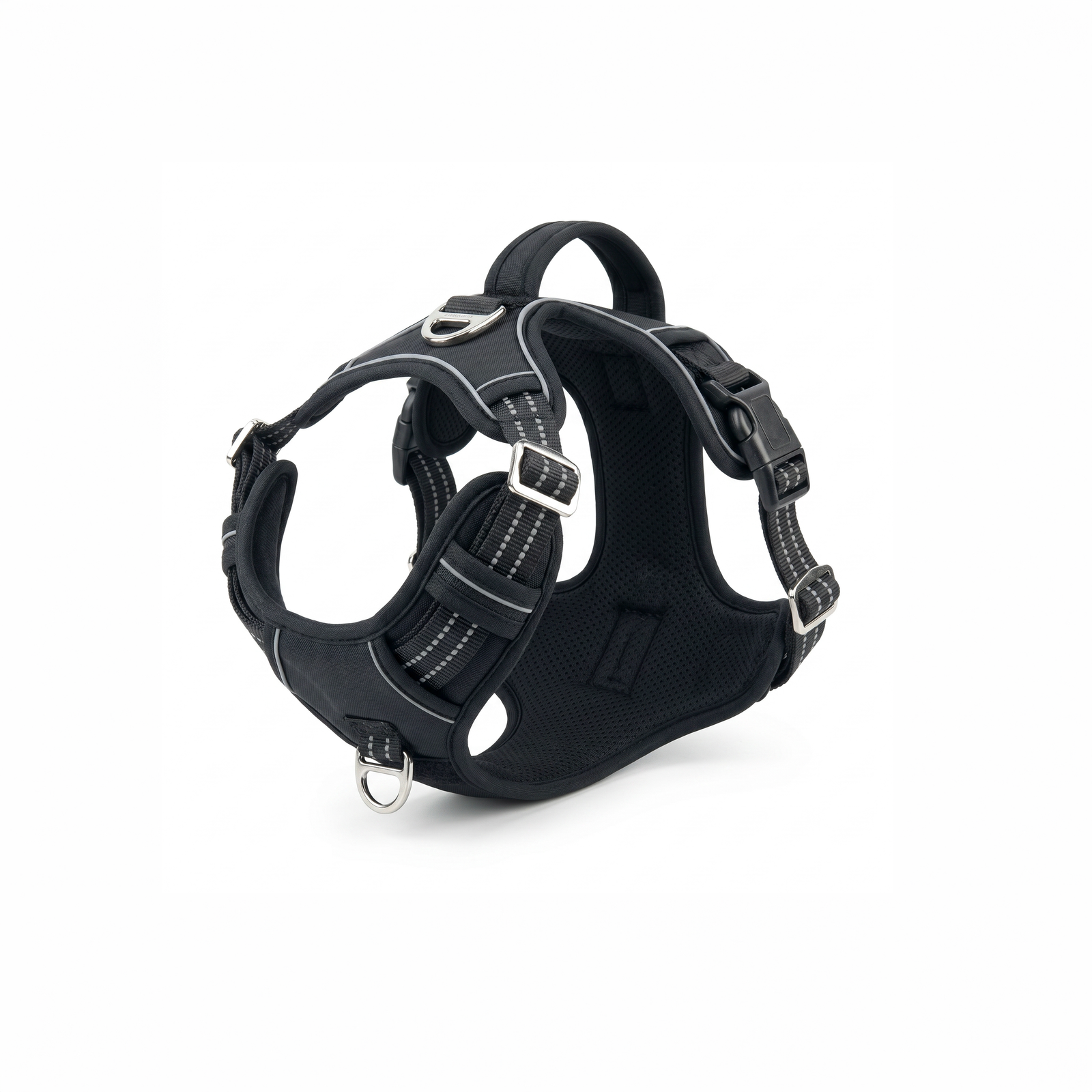 Harnais anti-traction noir pour chien avec structure rembourrée respirante et poignée dorsale, adapté au canicross.