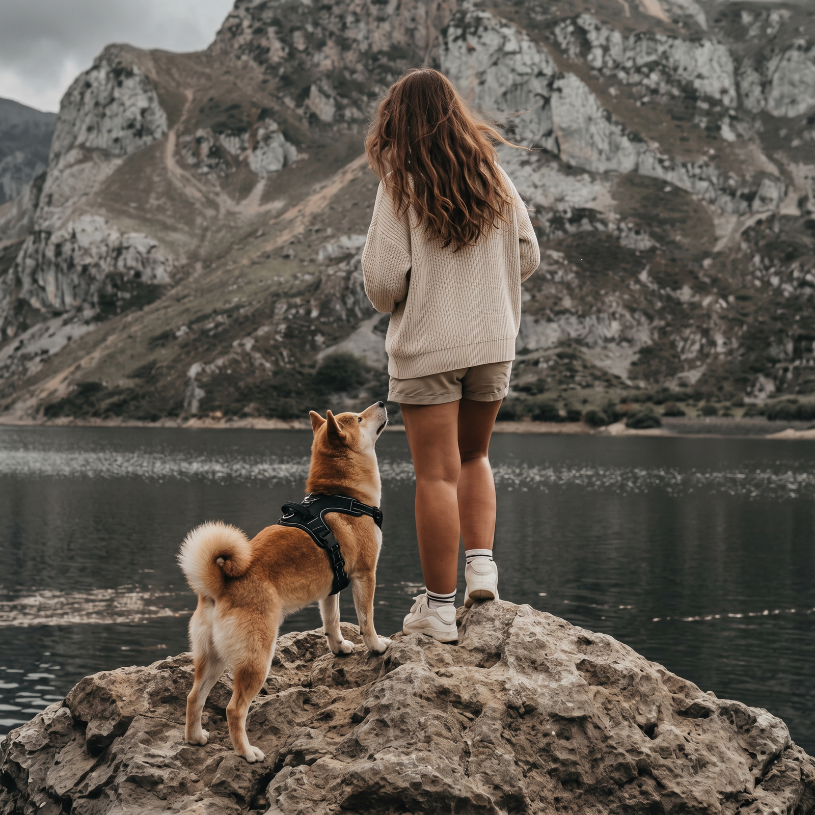 Shiba Inu portant un harnais de randonnée noir, debout sur un rocher aux côtés de sa maîtresse face à un lac de montagne.