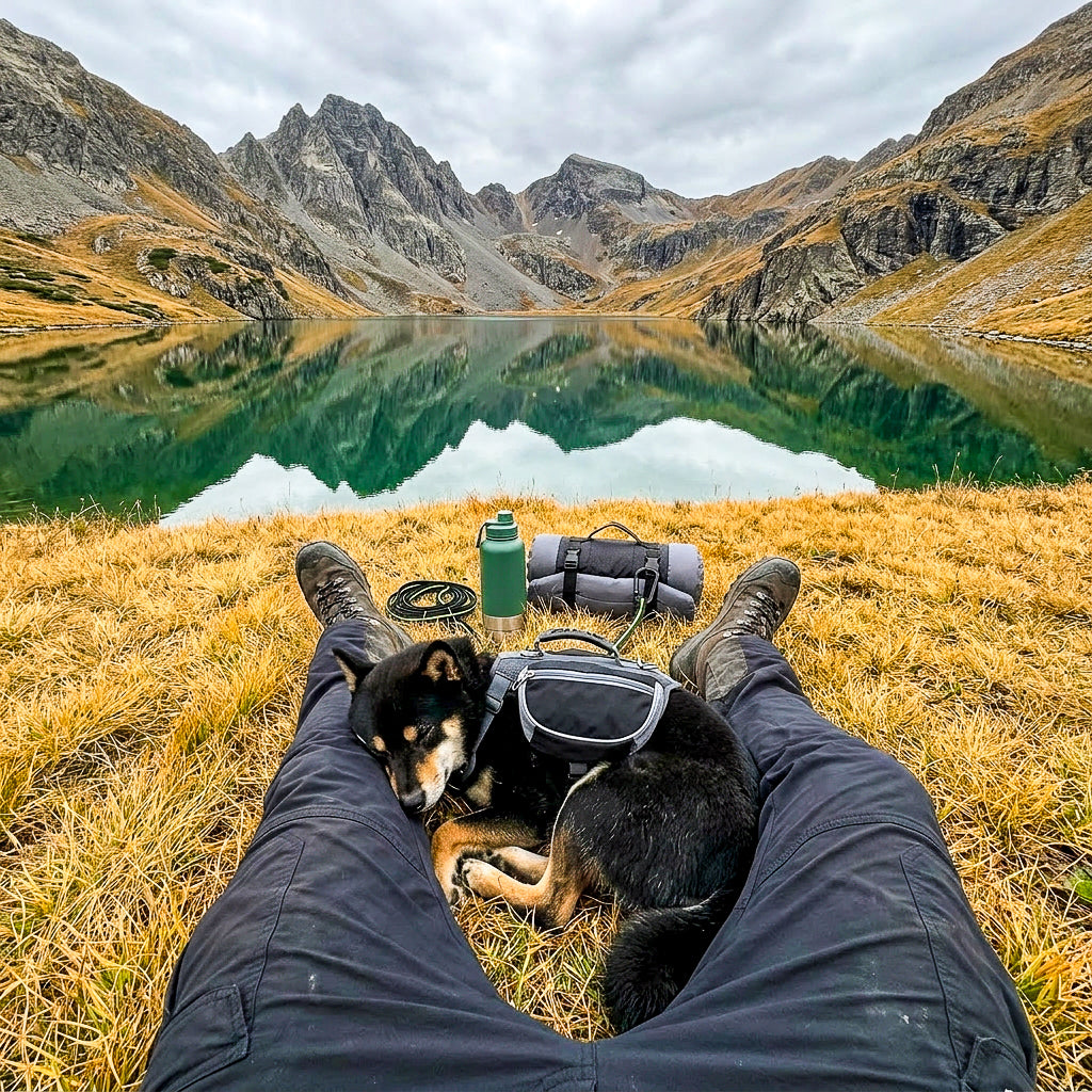 Chien Shiba Inu endormi sur les jambes d'un randonneur devant un lac de montagne, avec son harnais sac de bât et sa gourde inox.