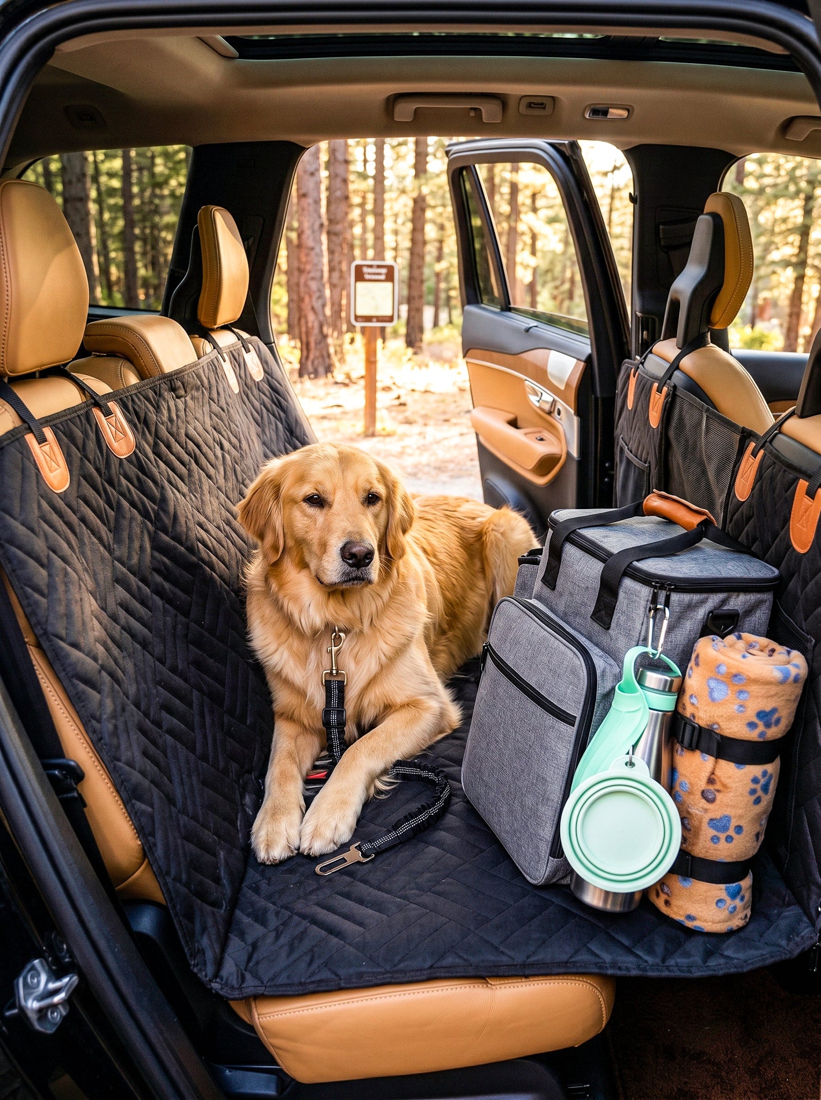 Golden Retriever installé sur la banquette arrière d'une voiture protégée par une housse imperméable, prêt pour le road trip.