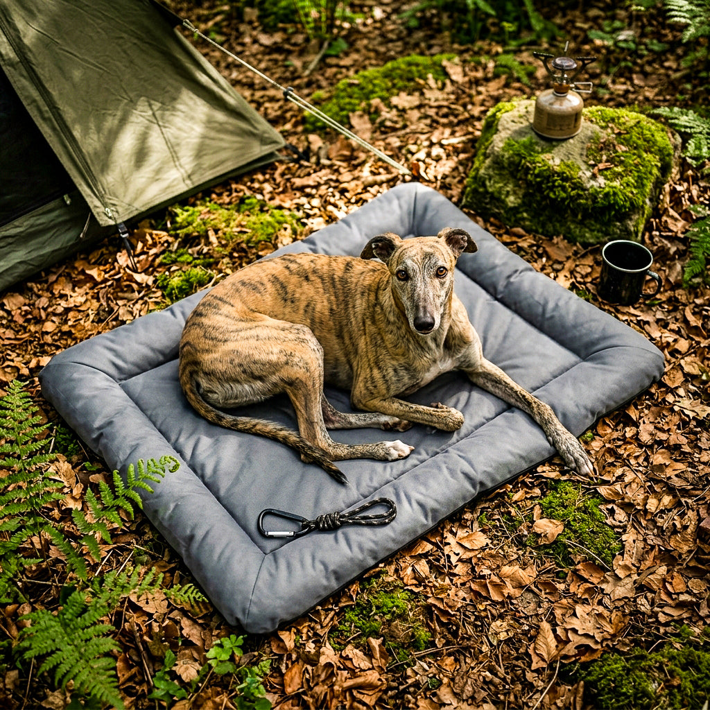Chien couché sur un tapis de sol pliable et imperméable en camping sauvage, prêt pour une nuit de bivouac.