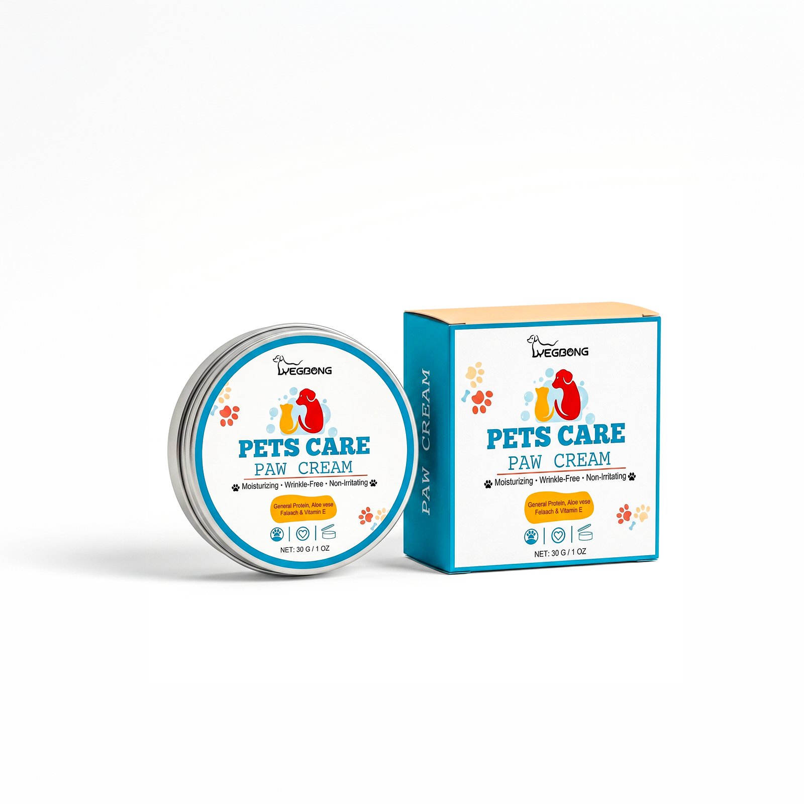 Boîte en métal ronde et emballage carton bleu et blanc du baume de soin hydratant pour les pattes et coussinets de chien, contenant de 30g exposé de trois-quarts sur fond blanc.
