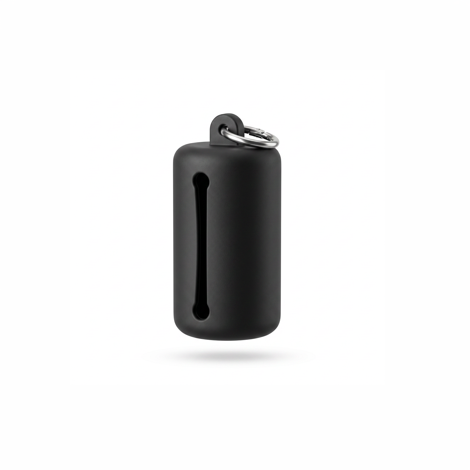 Distributeur de sacs à déjections pour chien en silicone mat noir avec mousqueton métallique, étui de propreté cylindrique avec fente de distribution sur fond blanc.