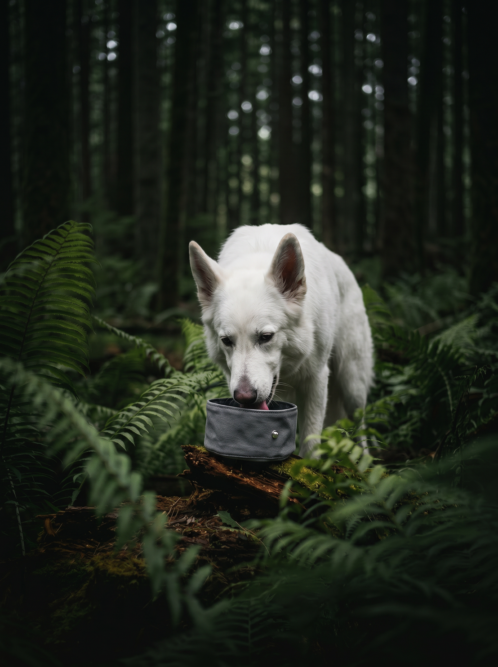 Chien Berger Blanc Suisse buvant de l'eau dans une gamelle en tissu gris imperméable posée sur une souche de bois moussue, au milieu d'une forêt de sapins et de fougères lors d'une randonnée.