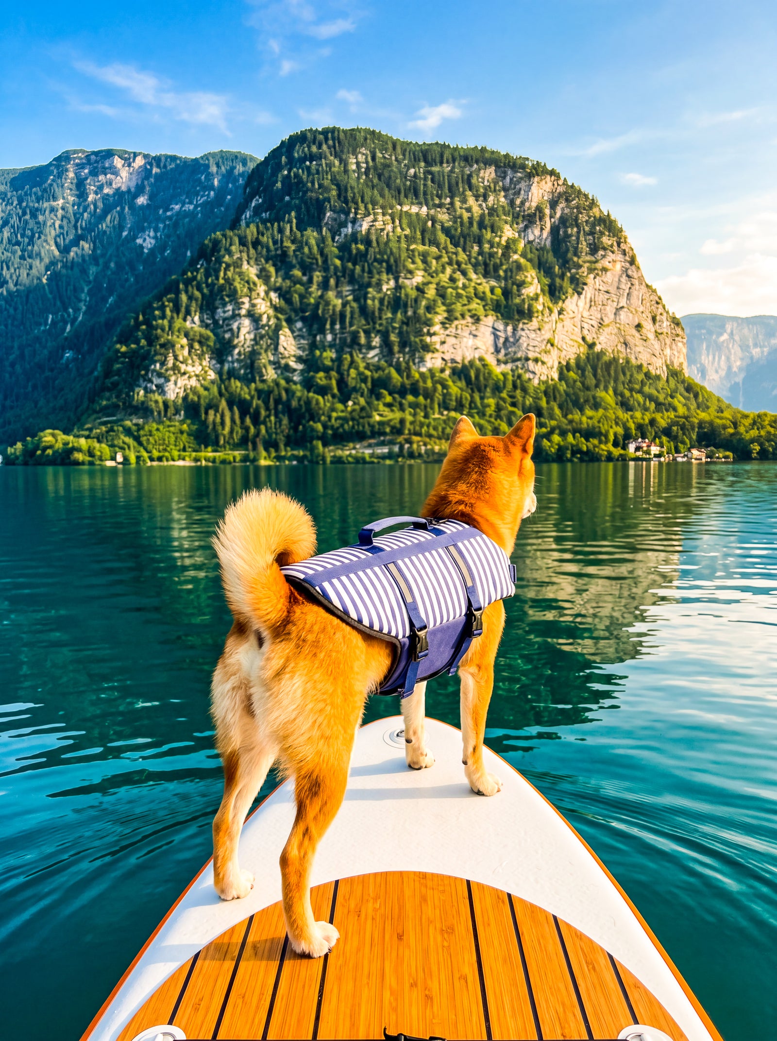 Chien de race Akita ou Shiba Inu debout sur une planche de Stand Up Paddle avec son gilet de sauvetage pour chien, veste de flottaison marine pour la sécurité en paddle, kayak, canoë et sports nautiques sur un lac de montagne outdoor.