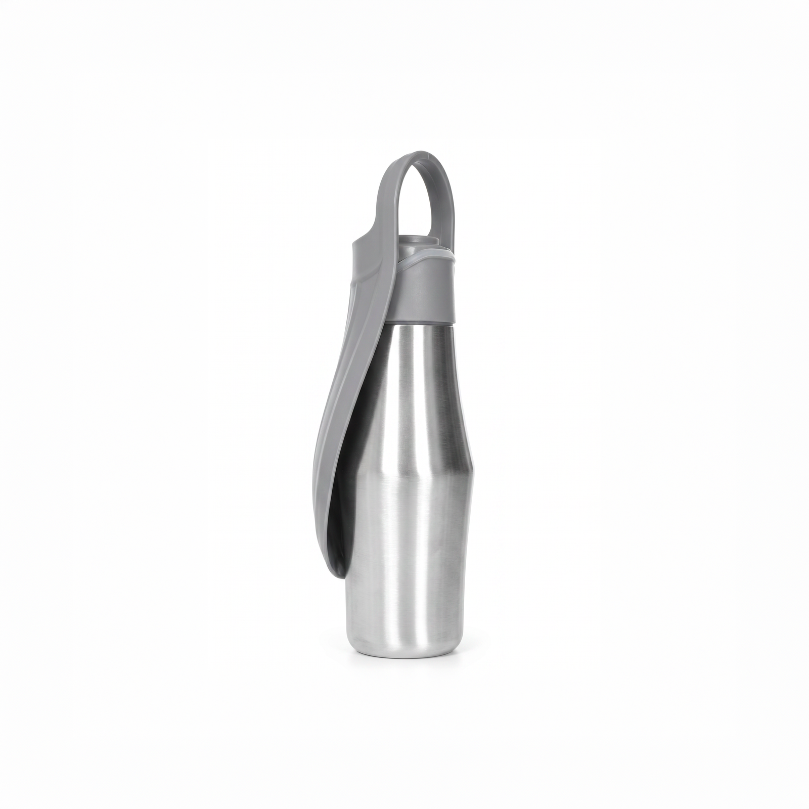 Gourde de randonnée pour chien en acier inoxydable avec coupelle pliable en silicone gris et poignée de transport intégrée, vue de profil sur fond blanc.