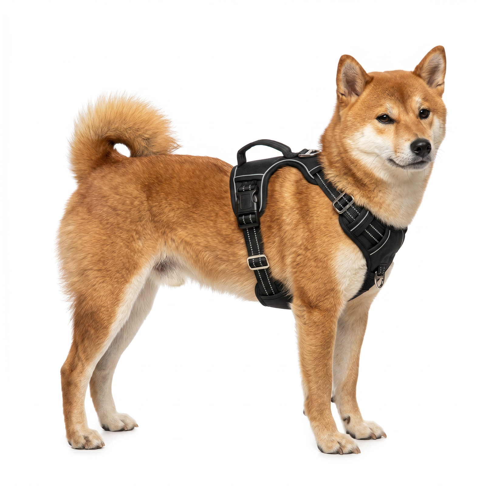 Chien Shiba Inu de profil sur fond blanc portant un harnais ergonomique noir réglable, veste de traction pour chien avec anneau de fixation avant et attache dorsale pour la marche et l'éducation.