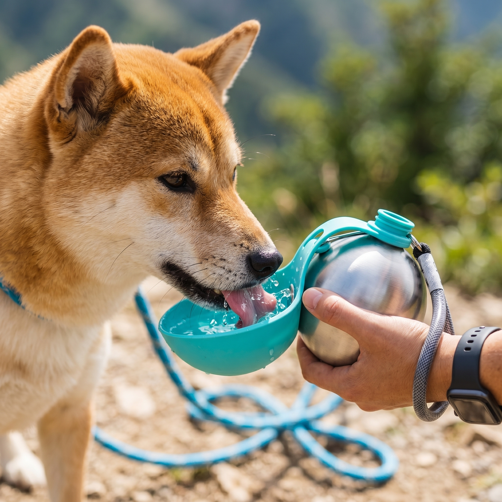 Gourde sphérique pour chien anti-fuite avec bol silicone intégré — vue complémentaire du produit PawVoyage.