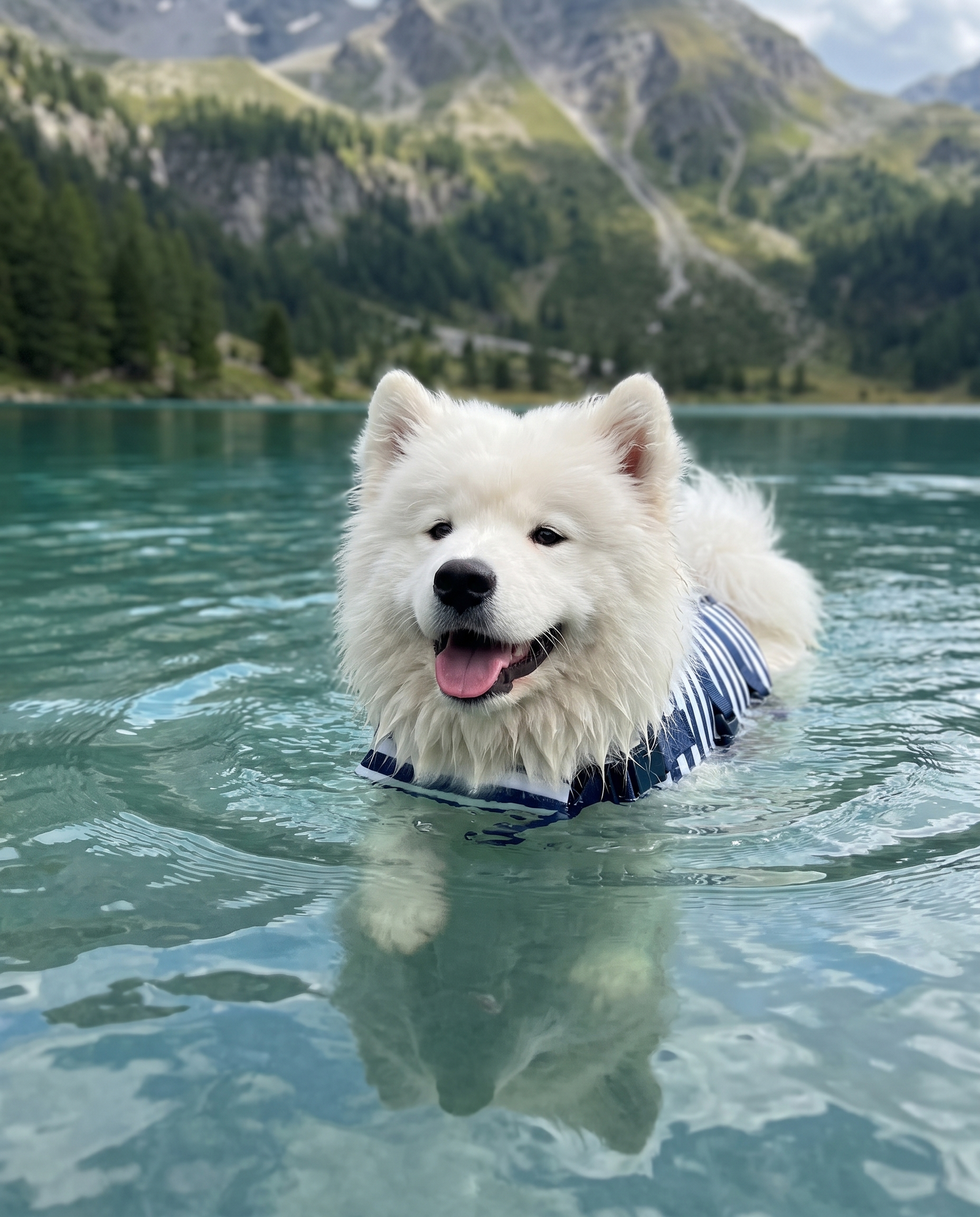 Chiot Samoyède nageant dans un lac de montagne avec son gilet de sauvetage pour chien rayé bleu marine et blanc.