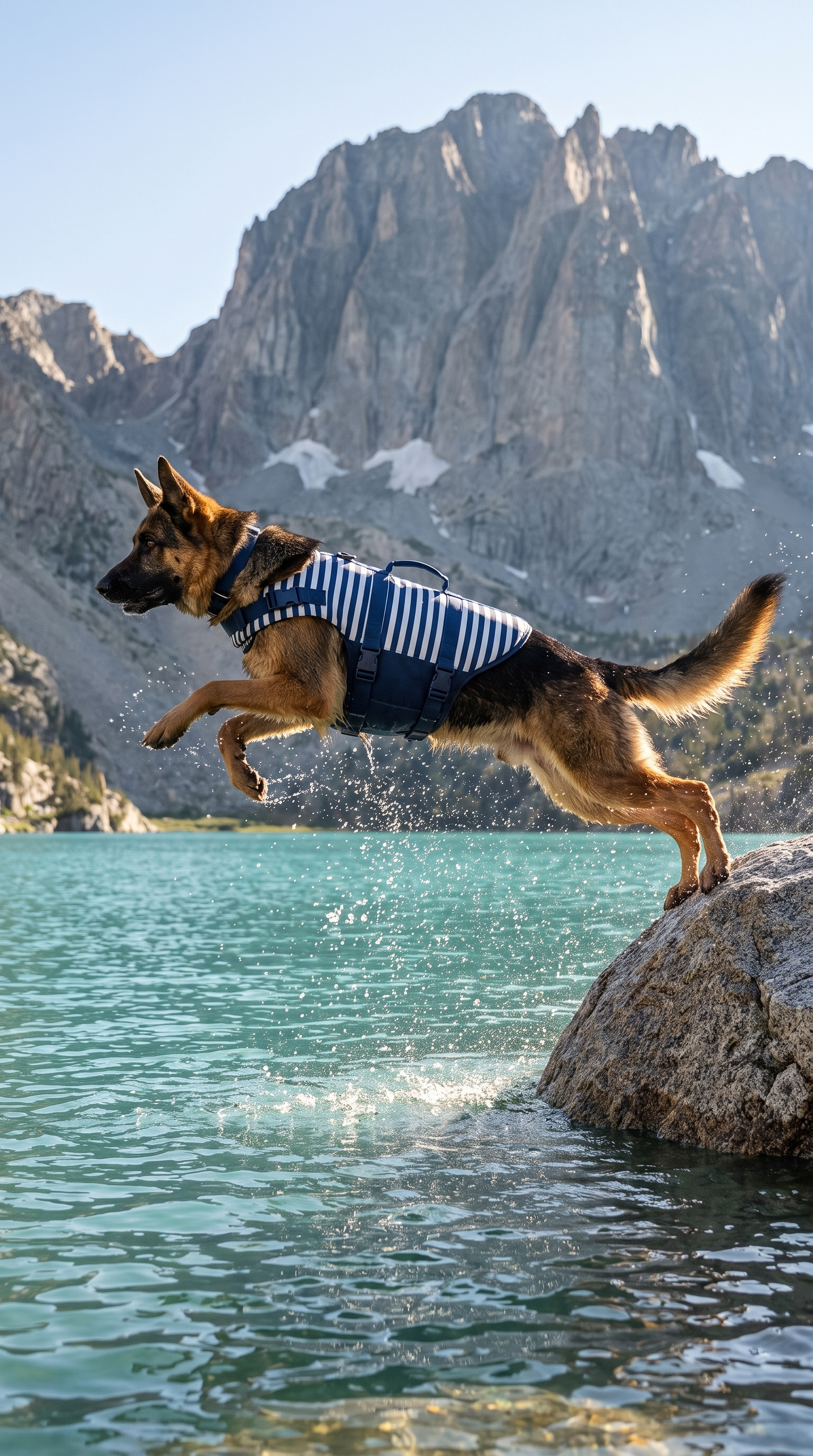 Chien sautant d'un rocher dans un lac turquoise, équipé du gilet de flottaison pour chien PawVoyage.