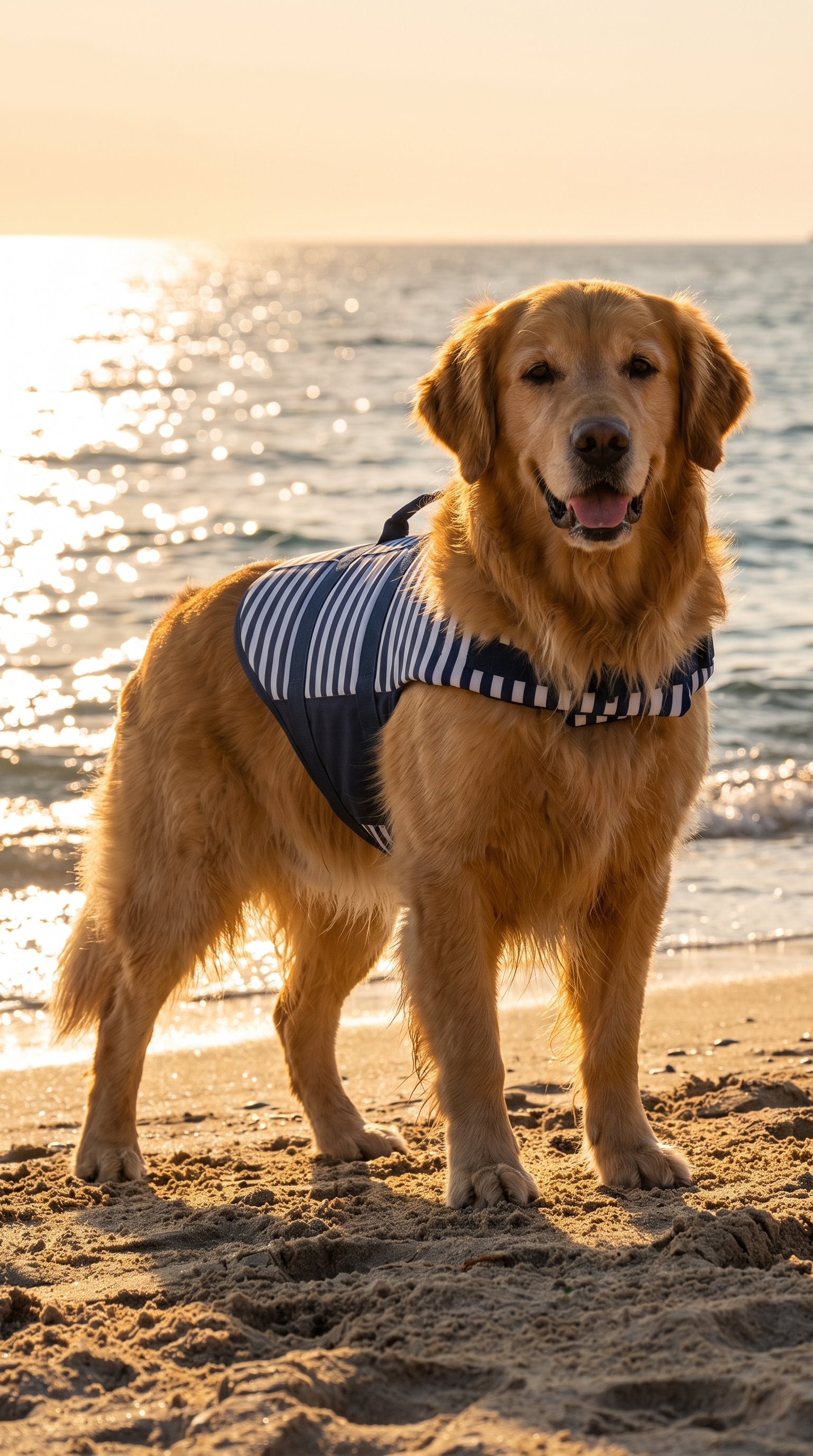 Golden Retriever sur une plage au coucher de soleil portant le gilet de flottaison pour chien rayé marine et blanc.