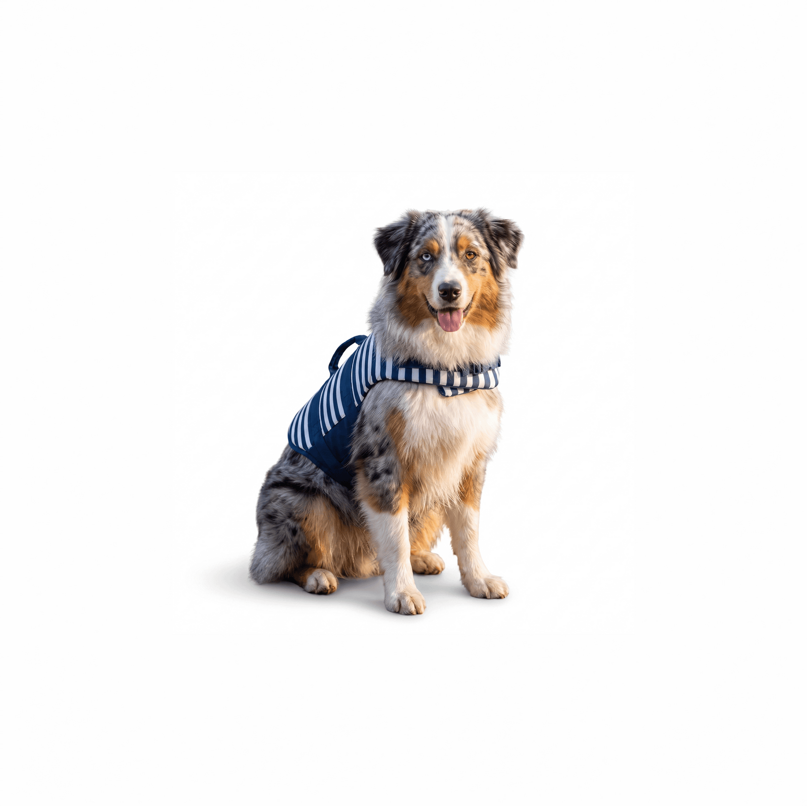 Berger Australien assis de face portant le gilet de flottaison pour chien rayé bleu marine et blanc — packshot fond blanc.