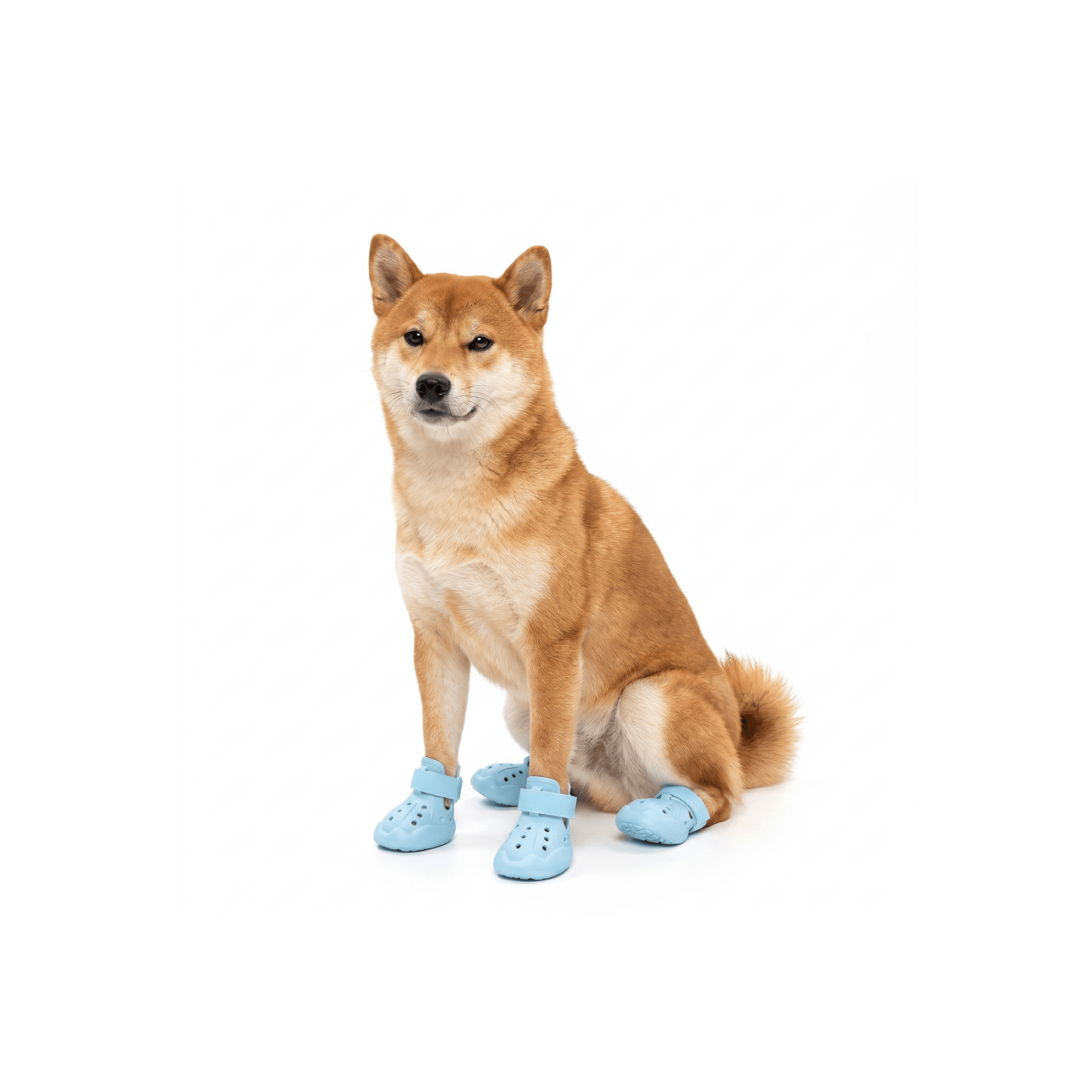 Gros plan sur les pattes d'un Shiba Inu portant les bottines respirantes pour chien sur le bitume chaud en été.