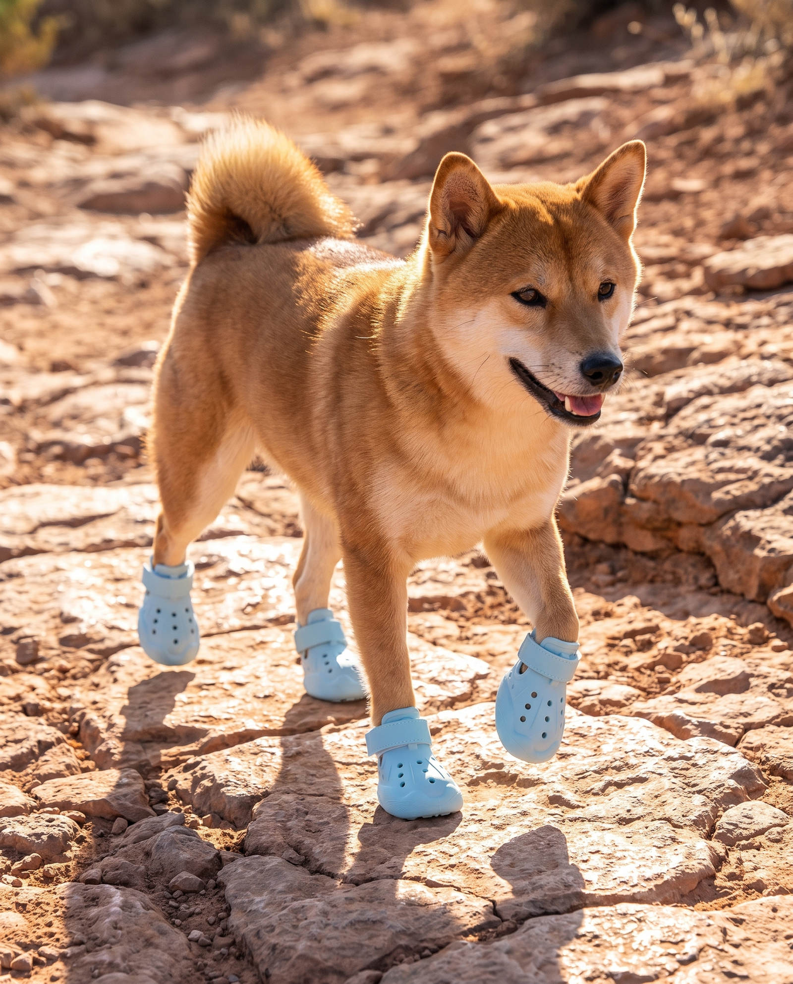 Shiba Inu marchant sur un sentier rocheux en plein été avec ses bottines de protection respirantes pour chien.