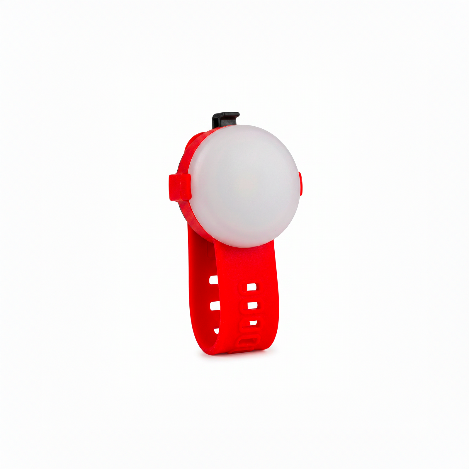 Lampe LED de sécurité étanche rouge avec sangle ajustable en silicone pour collier ou harnais de chien, vue de face sur fond blanc.