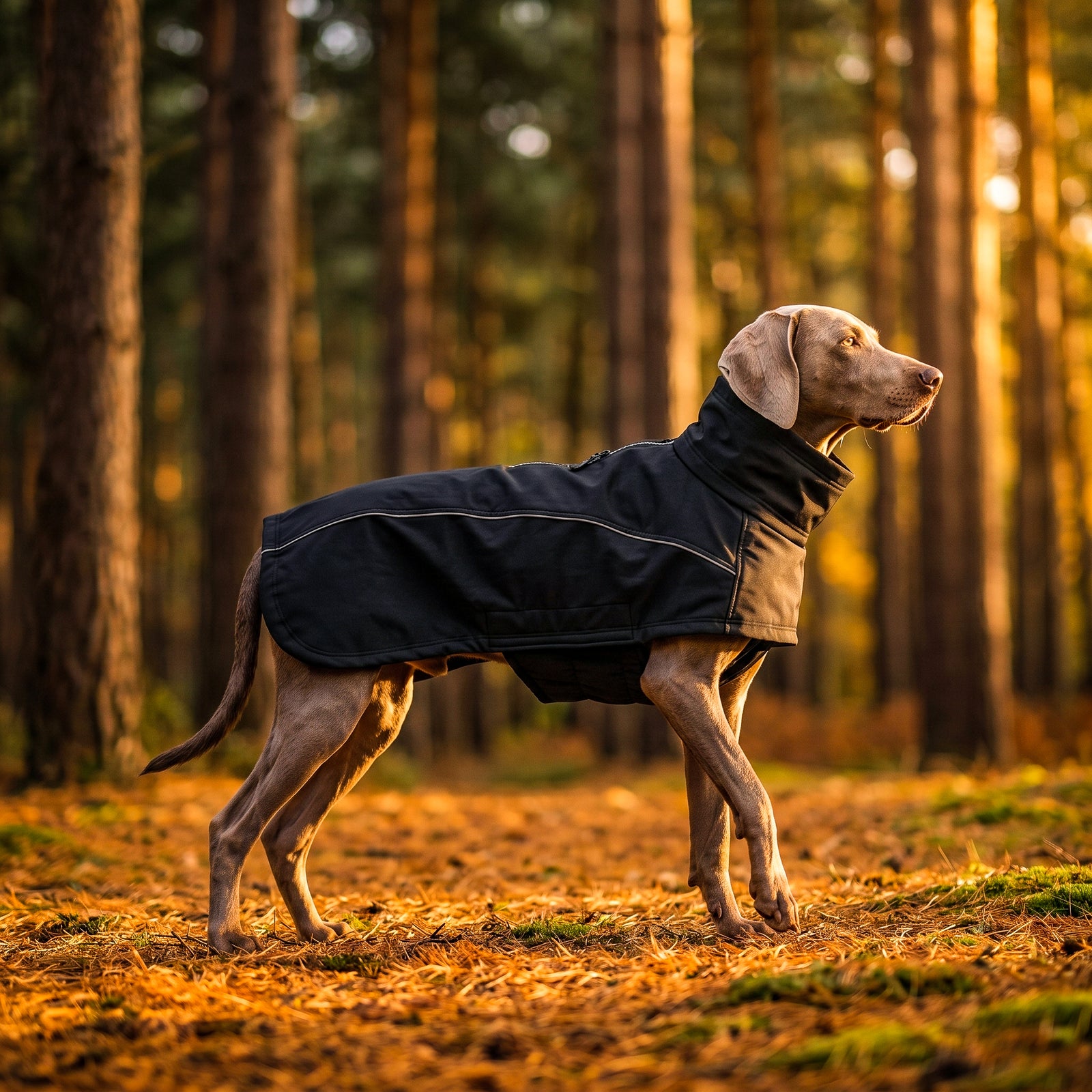 Chien Braque de Weimar debout dans une forêt de pins au coucher de soleil, portant un manteau pour chien imperméable noir, veste chaude coupe-vent de protection pour grand chien avec col montant isolant et liseré réfléchissant pour la randonnée en automne.