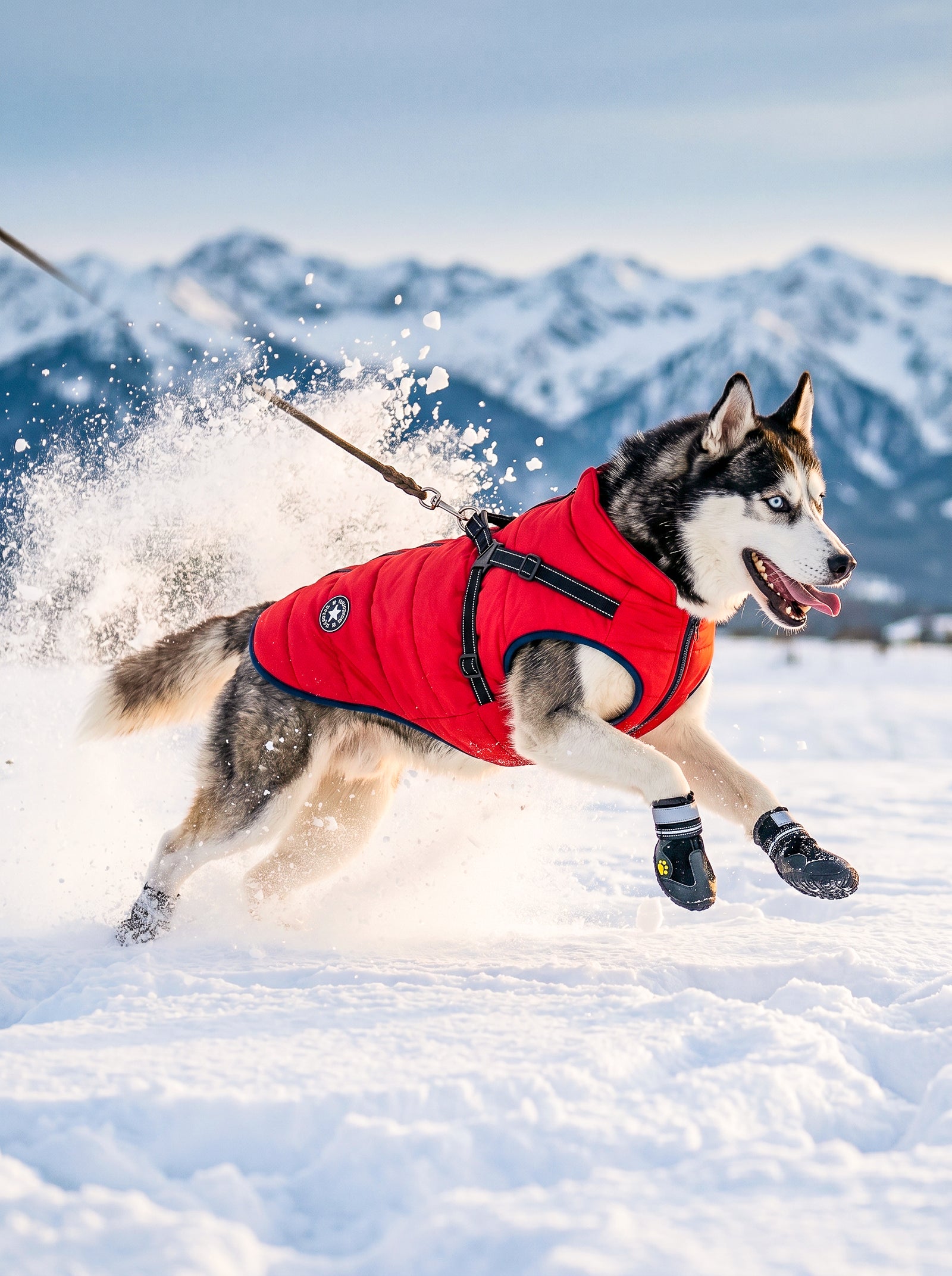 Chien Husky de Sibérie en pleine course dans la neige à la montagne portant un manteau doudoune de protection rouge avec harnais de traction intégré et des bottines imperméables pour protéger les coussinets du gel en hiver.