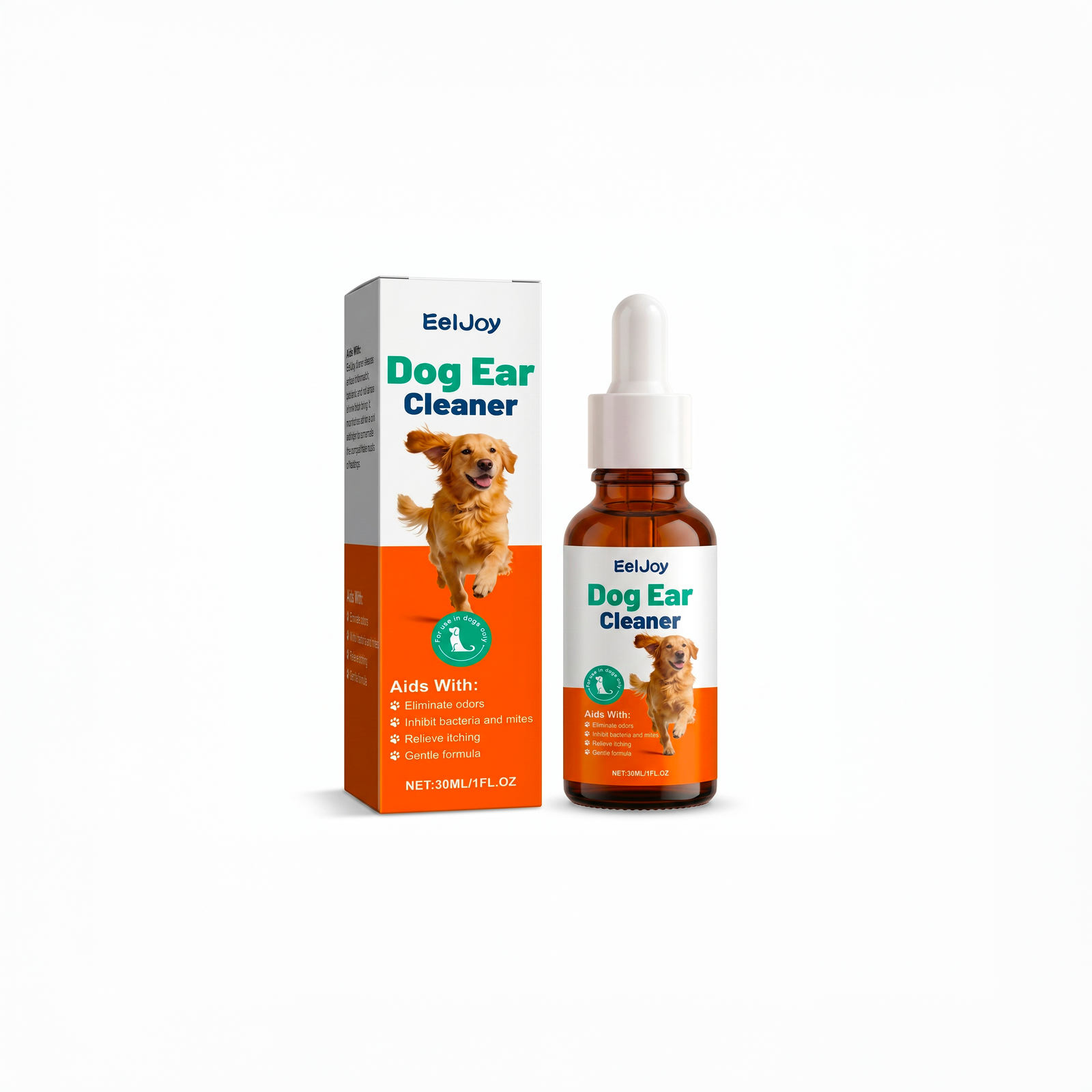 Flacon compte-gouttes 30ml et boîte du nettoyant auriculaire pour chien EelJoy Dog Ear Cleaner, soin liquide pour éliminer les odeurs et soulager les démangeaisons d'oreilles.