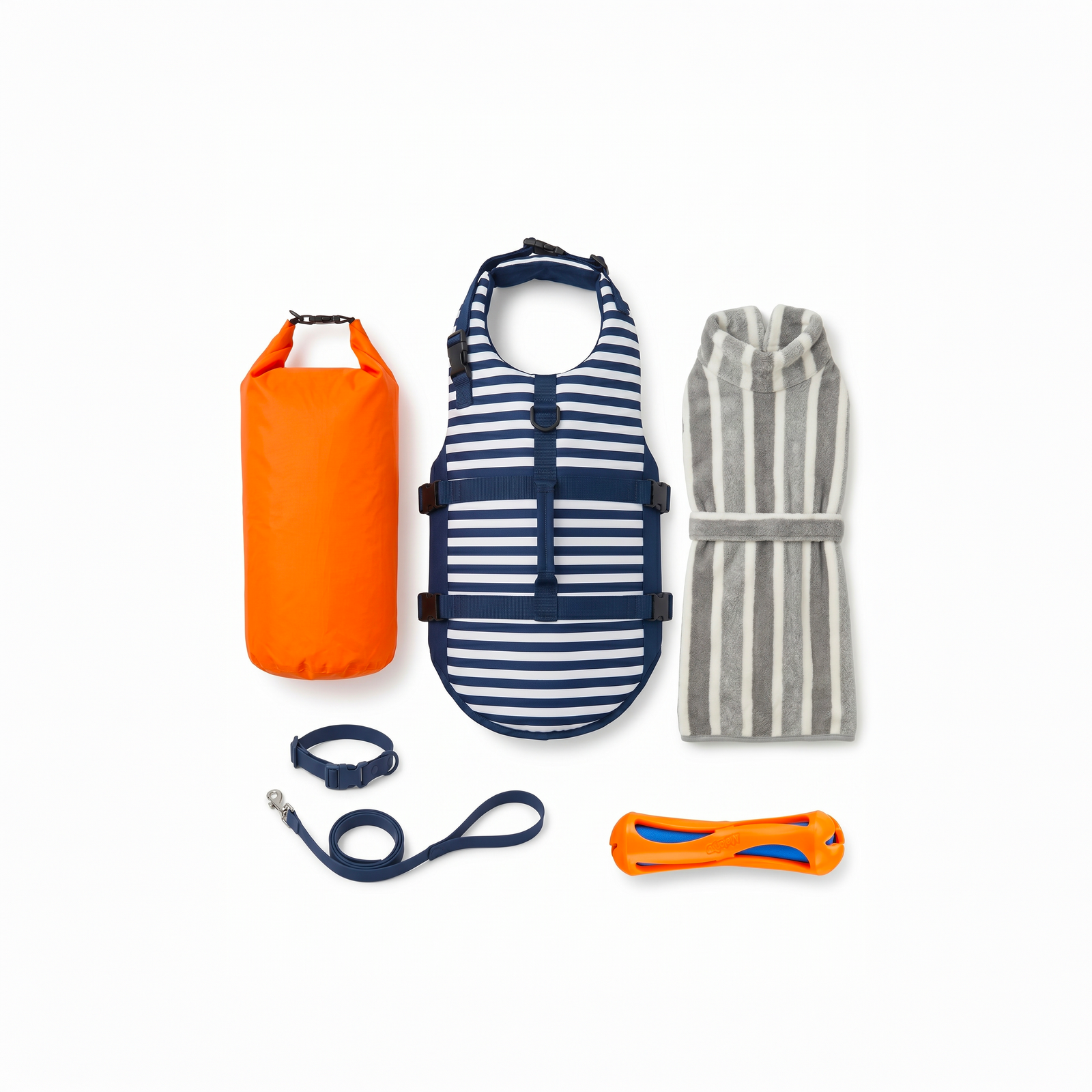 Vue d'ensemble du pack baignade complet pour chien comprenant un gilet de sauvetage à rayures marines, un peignoir absorbant de séchage rapide gris et blanc, un sac étanche de protection orange pour les affaires de plage, un collier avec laisse assortie et un jouet flottant aquatique.
