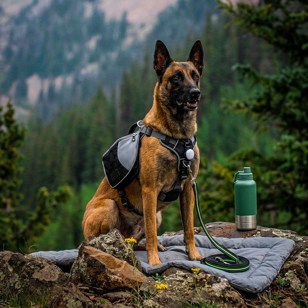 Equipement complet pack randonnée pour chien de grande taille avec harnais sac à dos ergonomique, sacoche de bât pour croquettes, laisse de marche réfléchissante, gourde isotherme de voyage et tapis de sol pliable camping outdoor.