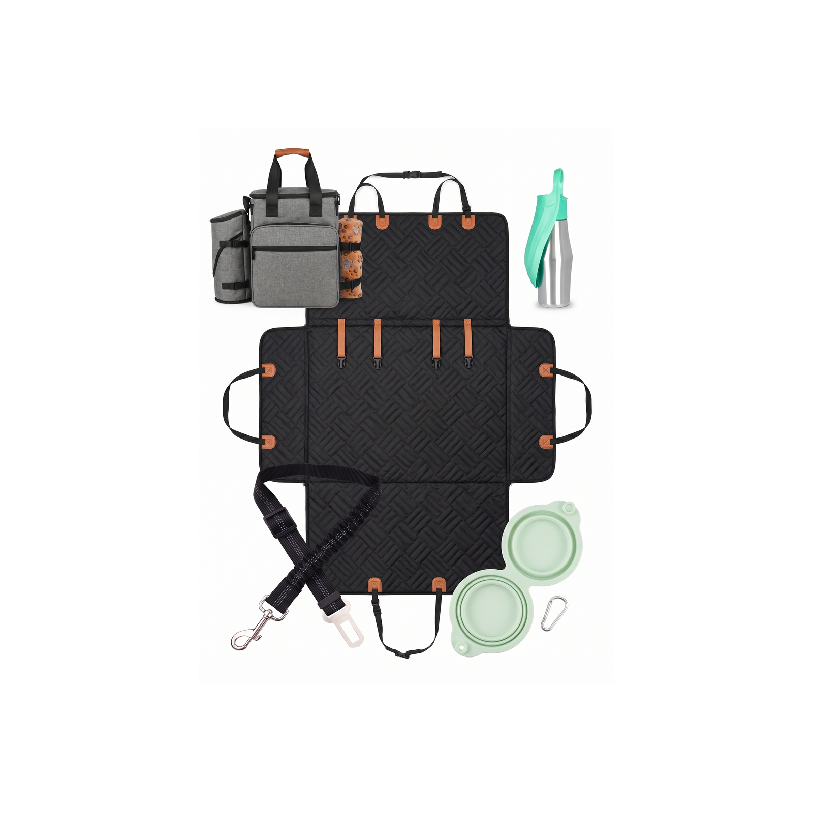 Contenu du pack voyage voiture pour chien avec housse de protection de siège arrière imperméable, sac de transport pour croquettes et matériel, ceinture de sécurité élastique, gourde isotherme, gamelle pliable en silicone et couverture.