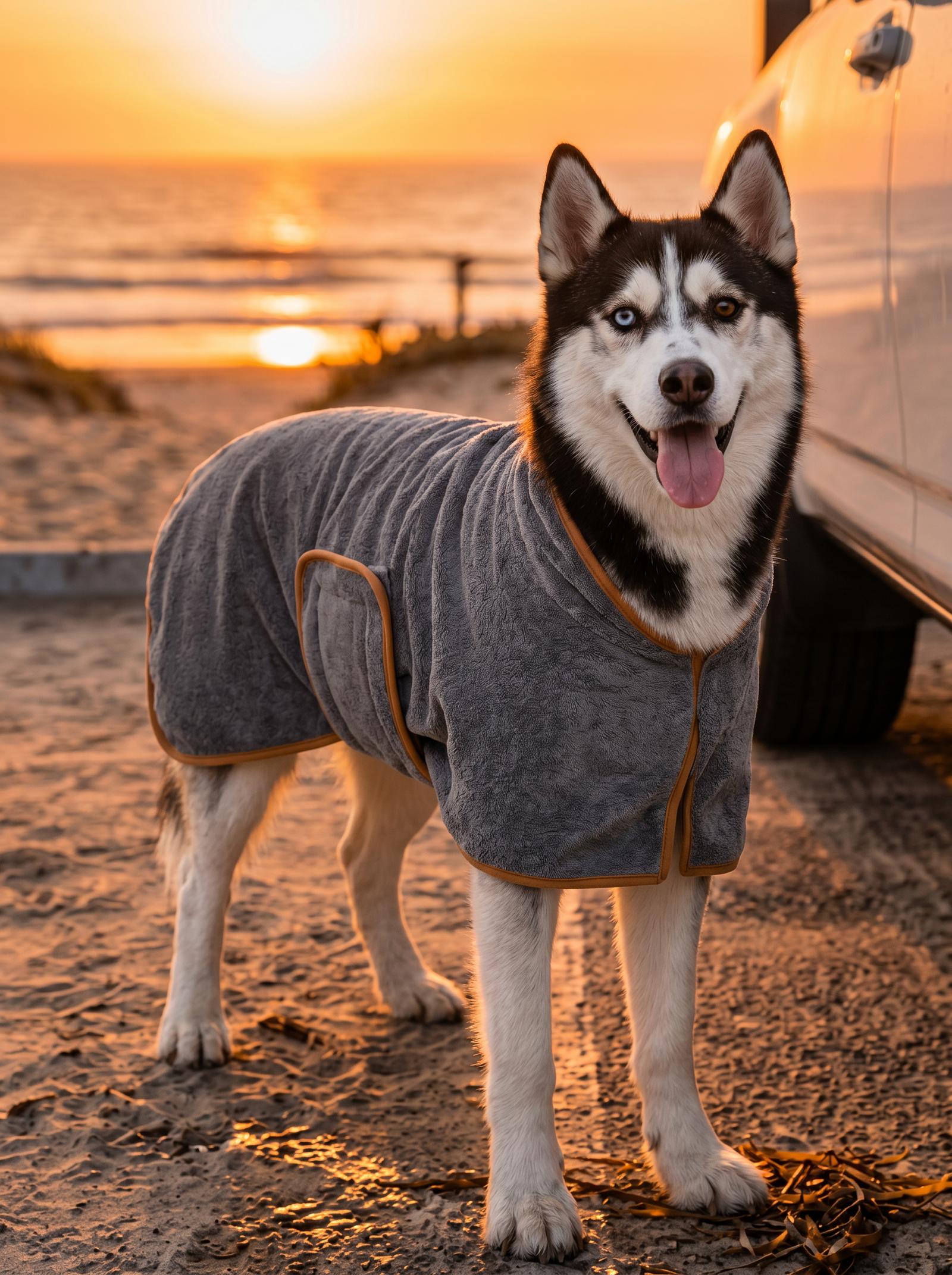 Chien Husky assis au bord de la mer à côté d'une voiture au coucher du soleil, portant son peignoir absorbant gris et orange après une baignade pour protéger le coffre des éclaboussures.
